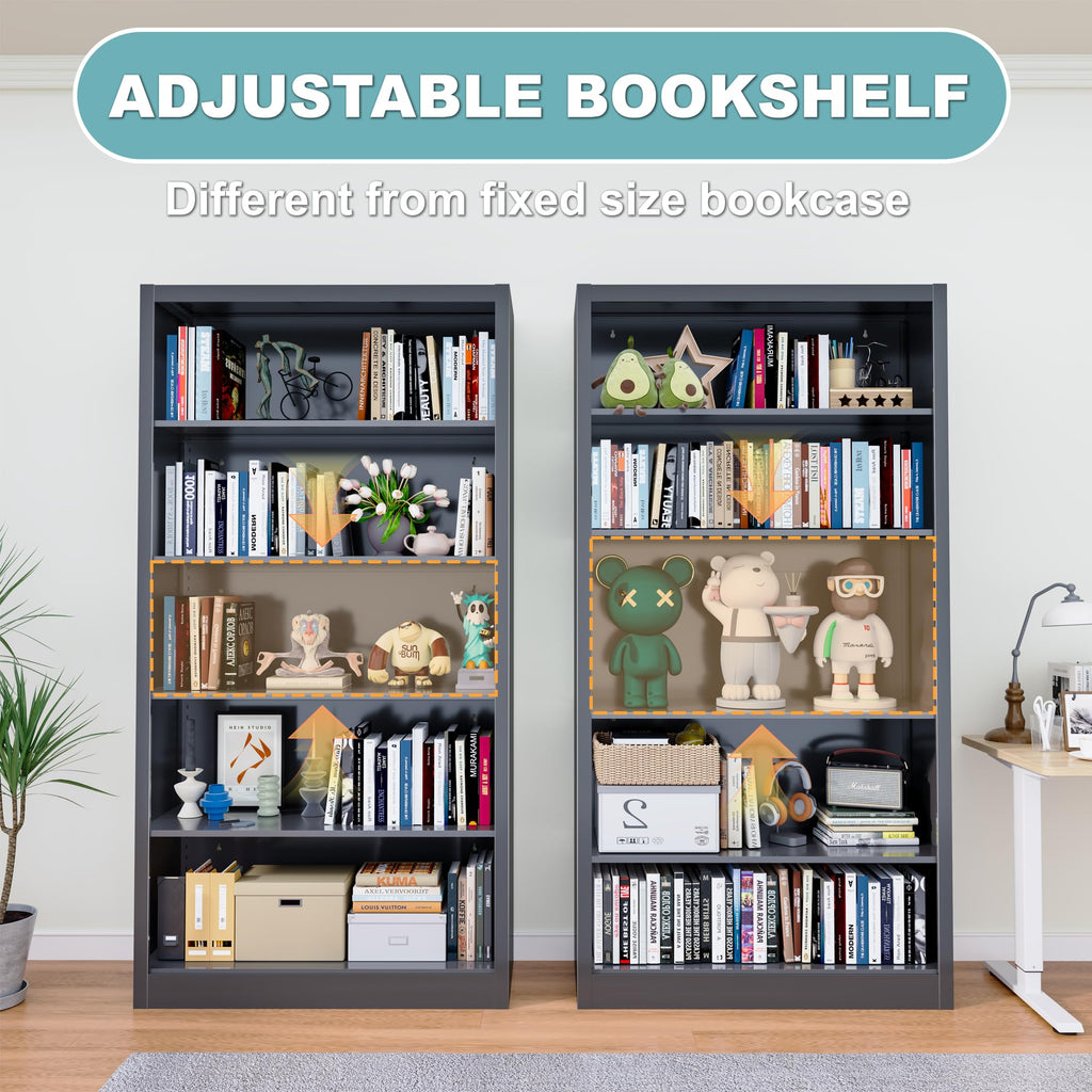 5 Tier Black Metal Bookcase with Adjustable Shelves K83940