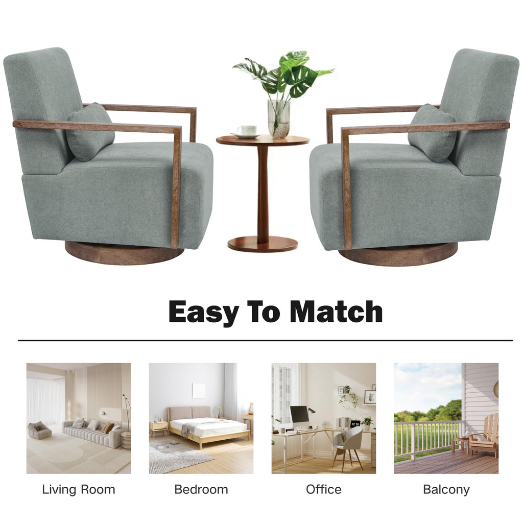 Green Swivel Accent Arm Chair Set of 2 with Solid Wood Base Y80514