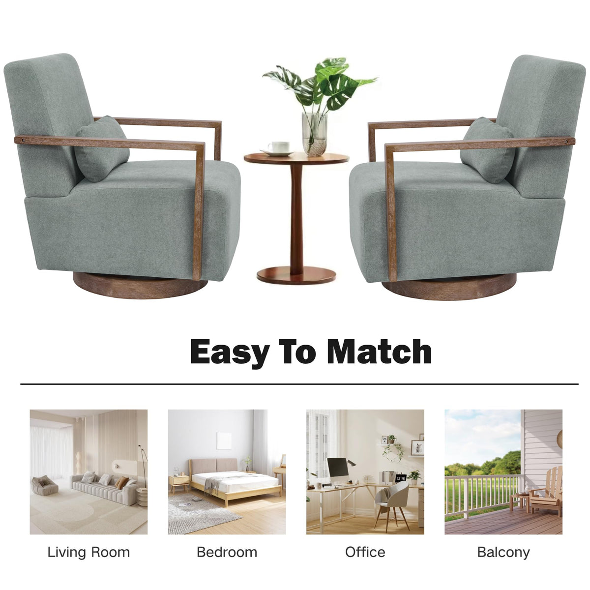 Green Swivel Accent Arm Chair Set of 2 with Solid Wood Base Y80514