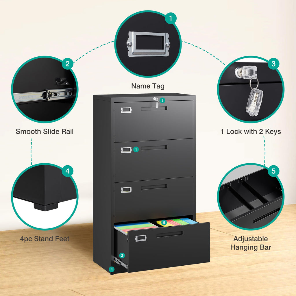 Black 4 Drawer Metal Lateral File Cabinet with Lock N22249