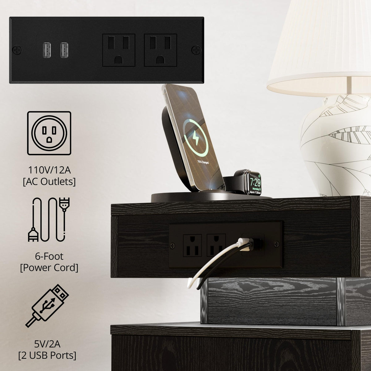 Black 3 Drawer Nightstand with Charging Station Z21483