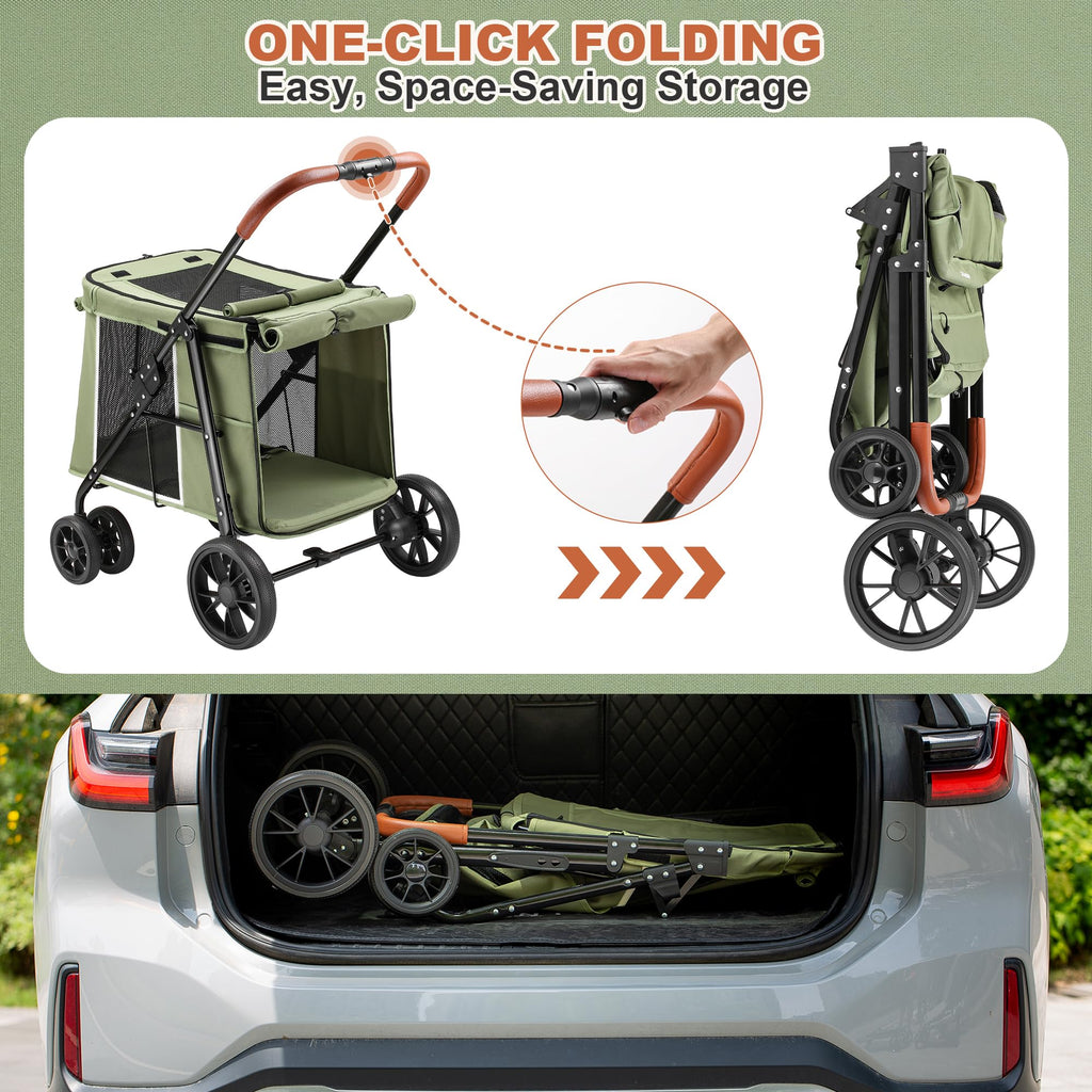 Medium Dog Stroller, One-Touch Folding, 360° Rotating Front Wheels, 80 lbs Weight Capacity, Green W673