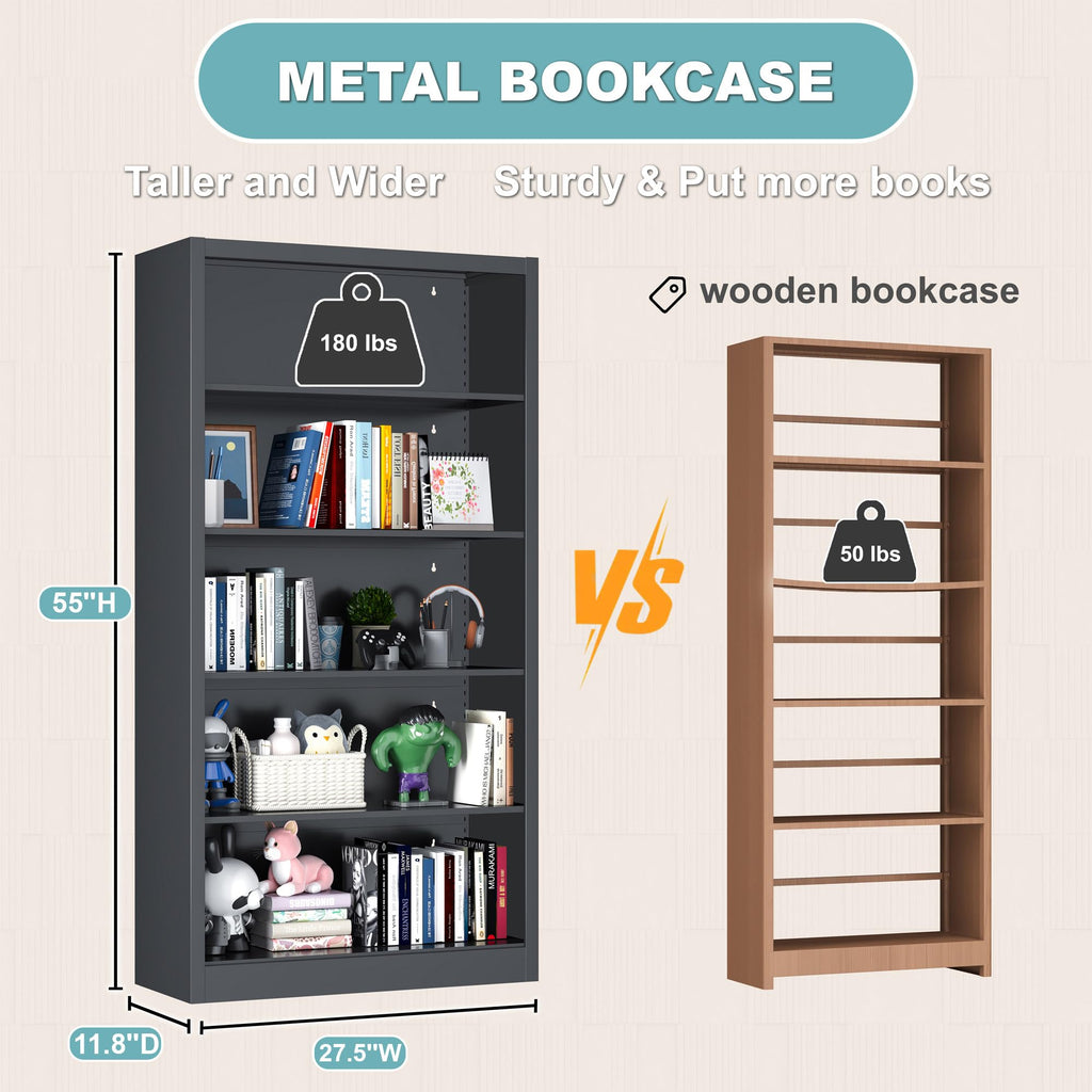 5 Tier Black Metal Bookcase with Adjustable Shelves K83940