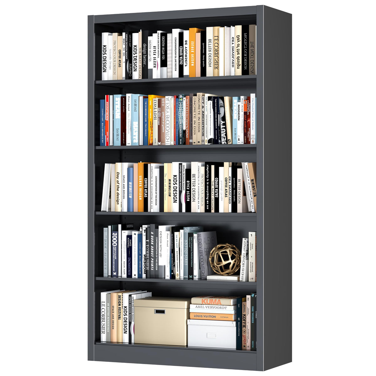 5 Tier Black Metal Bookcase with Adjustable Shelves K83940