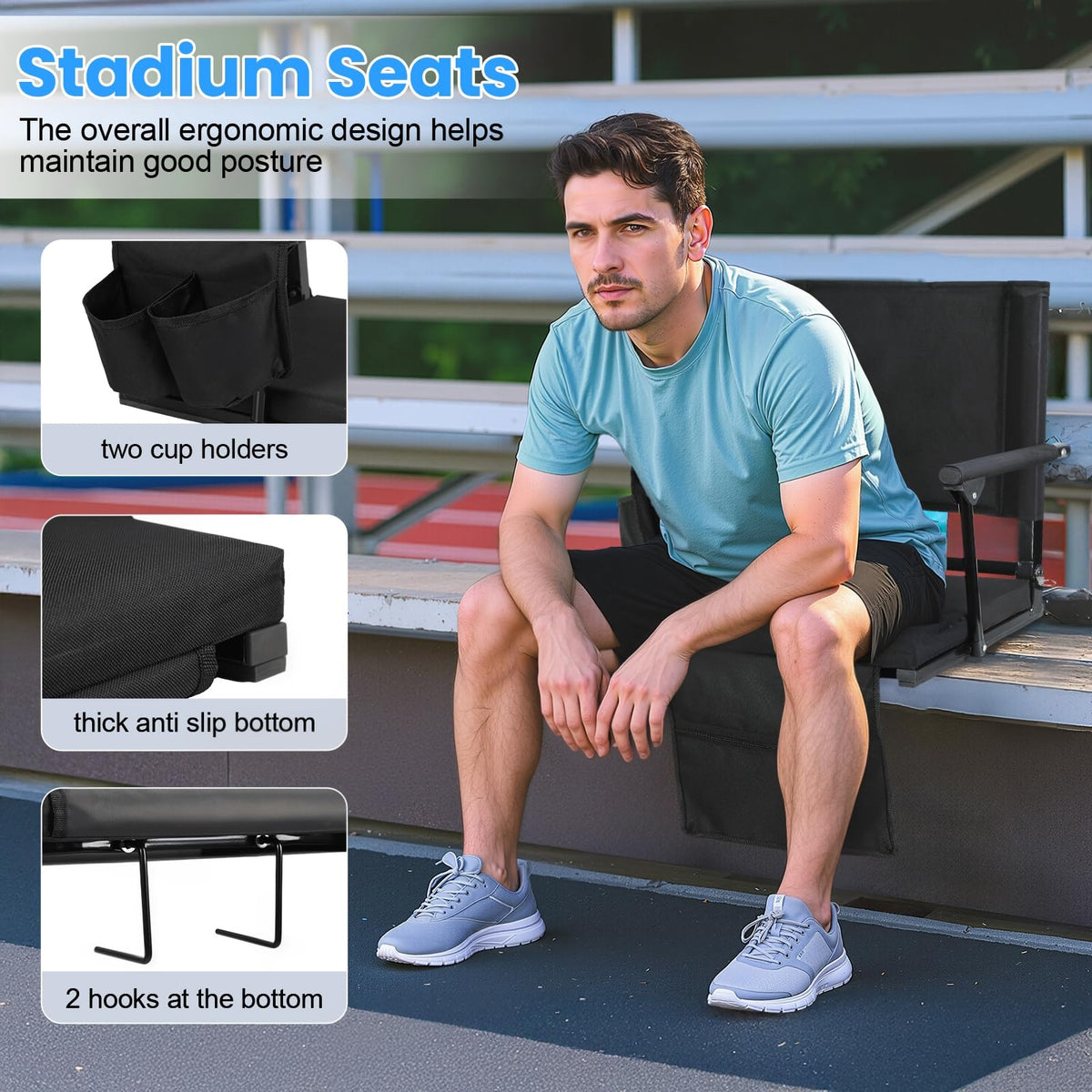 2 Pcs Folding Stadium Seat with Back Support and Cushion W405374