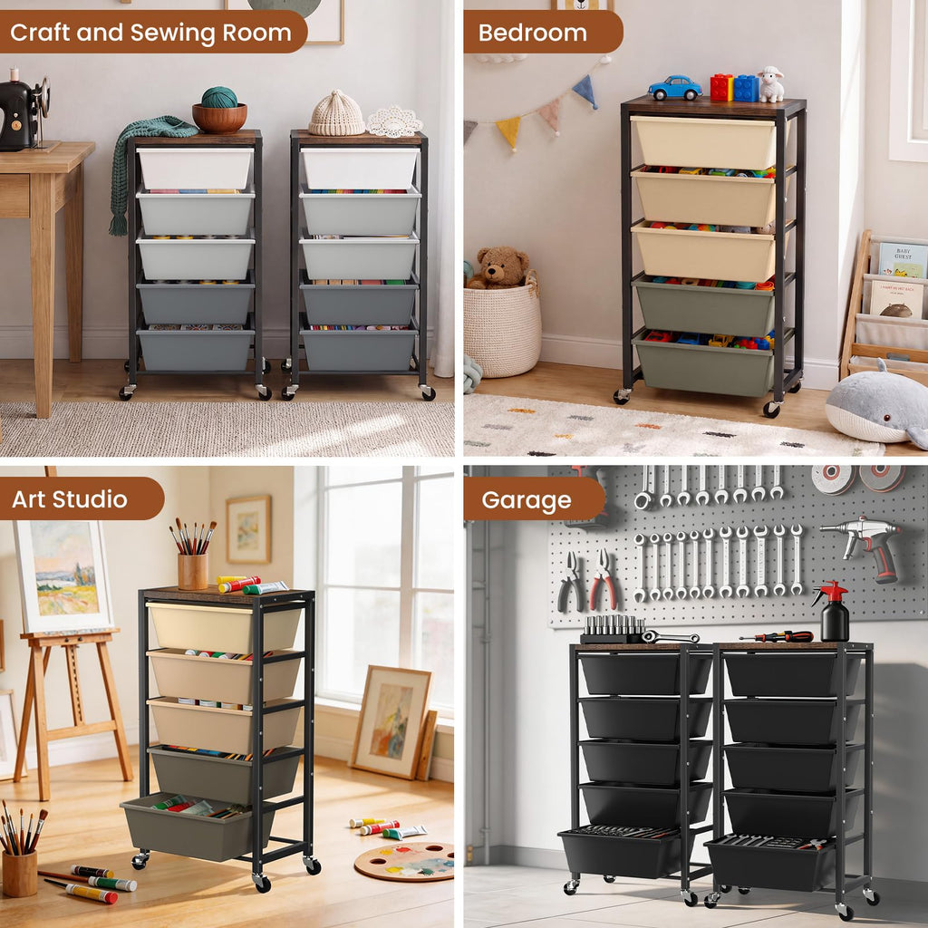 Black 5 Drawer Rolling Storage Cart with Wooden Tabletop D976