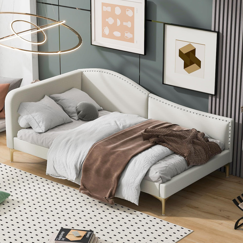 Twin Size Beige Linen Upholstered Daybed with Headboard A753847