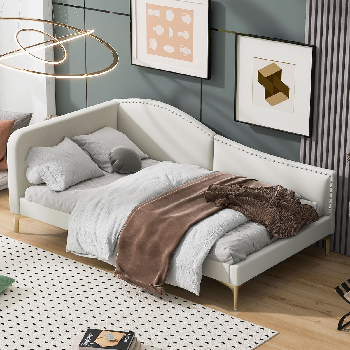 Twin Size Beige Linen Upholstered Daybed with Headboard A753847