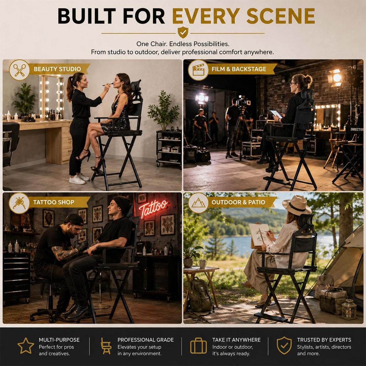 Gold Extra Tall Foldable Makeup Chair D826