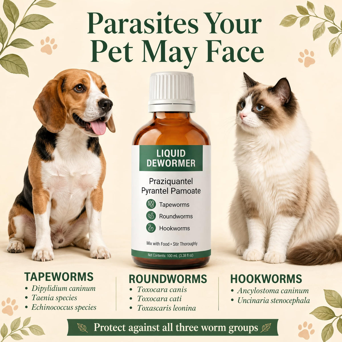 Liquid Dewormer, Praziquantel & Pyrantel Pamoate, 3.38 fl oz O951