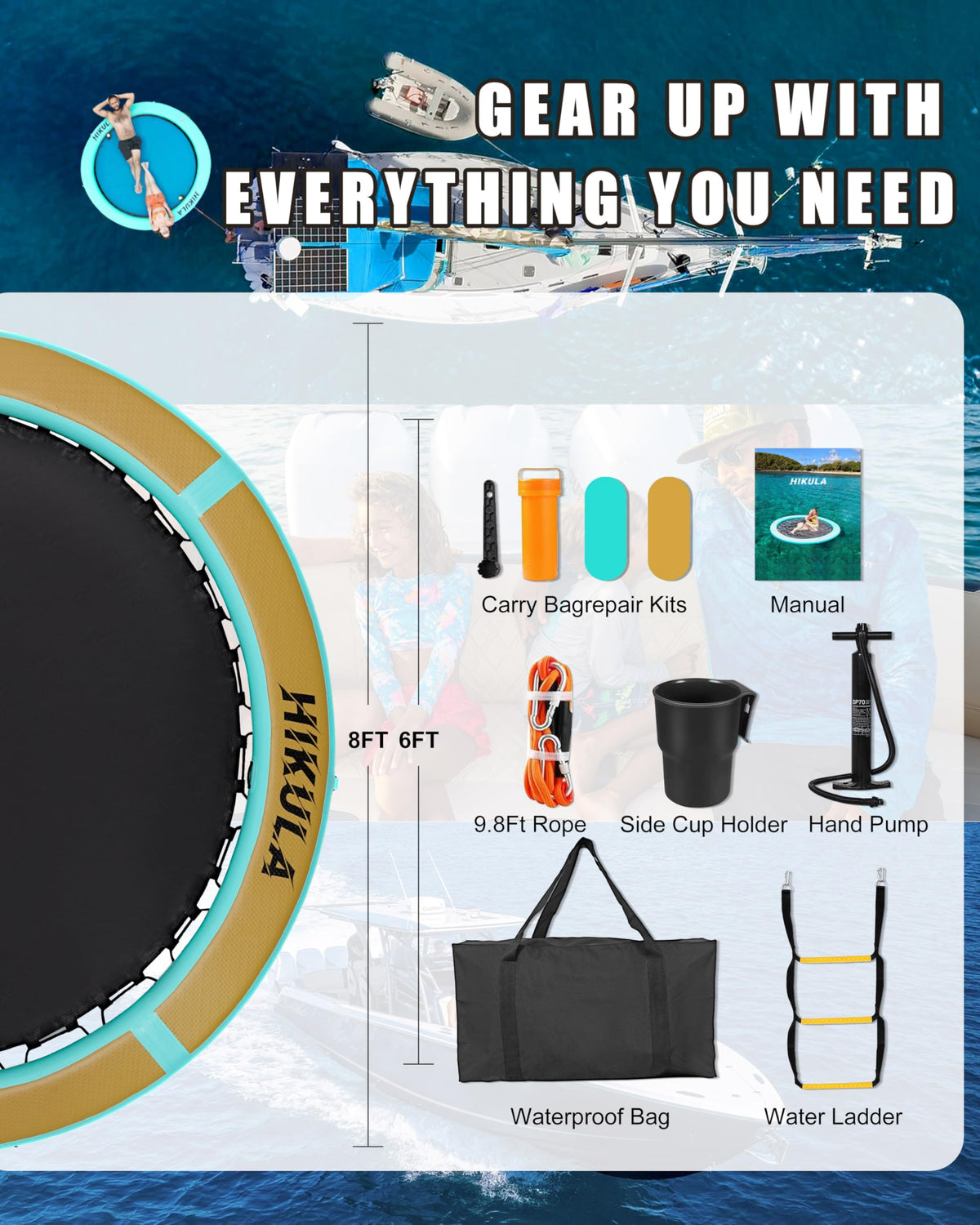 Inflatable Round Floating Ring Water Hammock Dock with Water Ladder and Cup Holder E129819