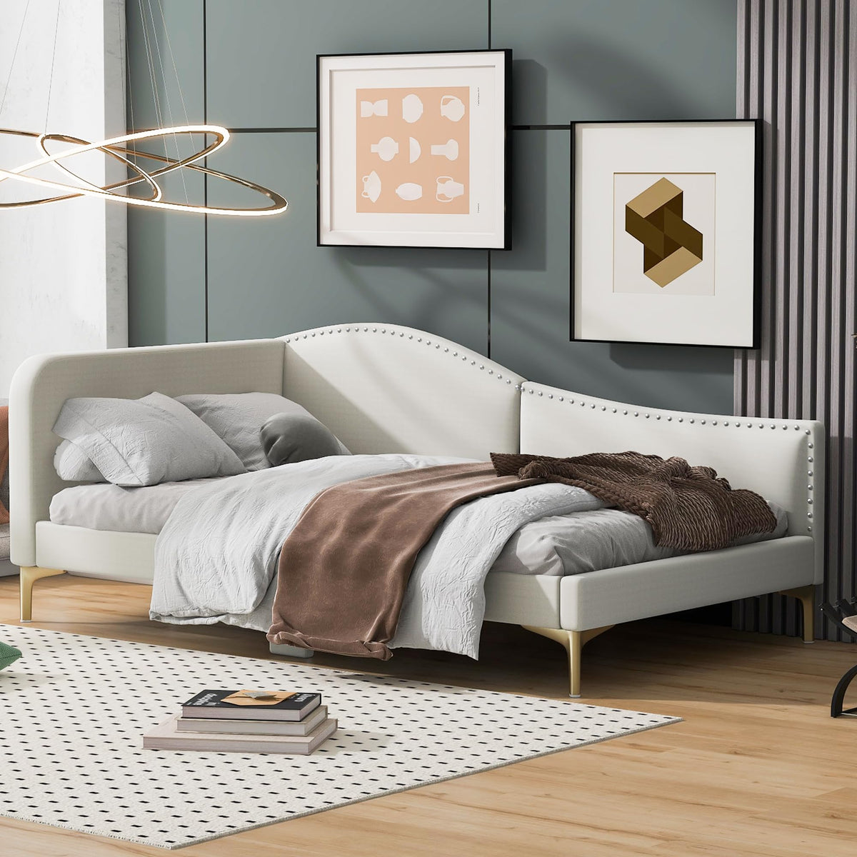Twin Size Beige Linen Upholstered Daybed with Headboard A753847