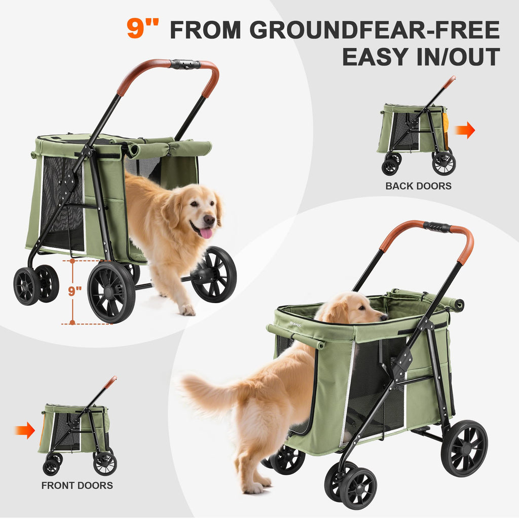 Medium Dog Stroller, One-Touch Folding, 360° Rotating Front Wheels, 80 lbs Weight Capacity, Green W673
