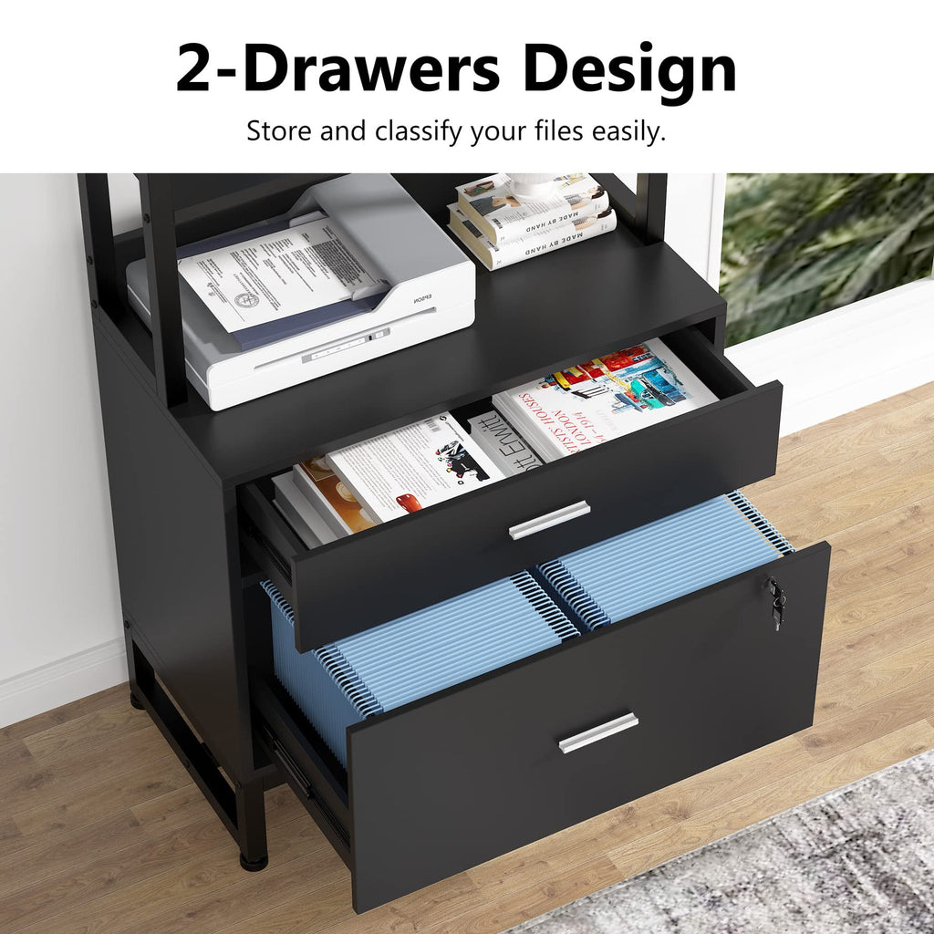 2 Drawer Vertical File Cabinet with Lock & Bookshelf Black C78587