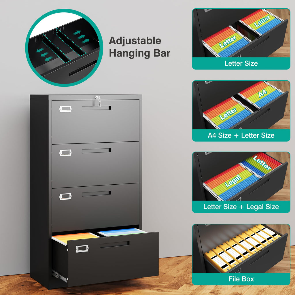 Black 4 Drawer Metal Lateral File Cabinet with Lock N22249
