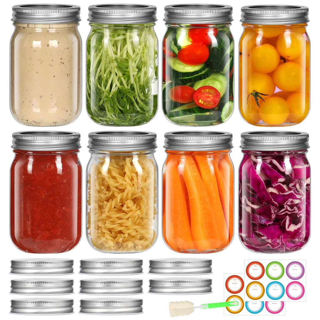 12 oz 8 Pack Regular Mouth Glass Mason Jars with Airtight Lids D347