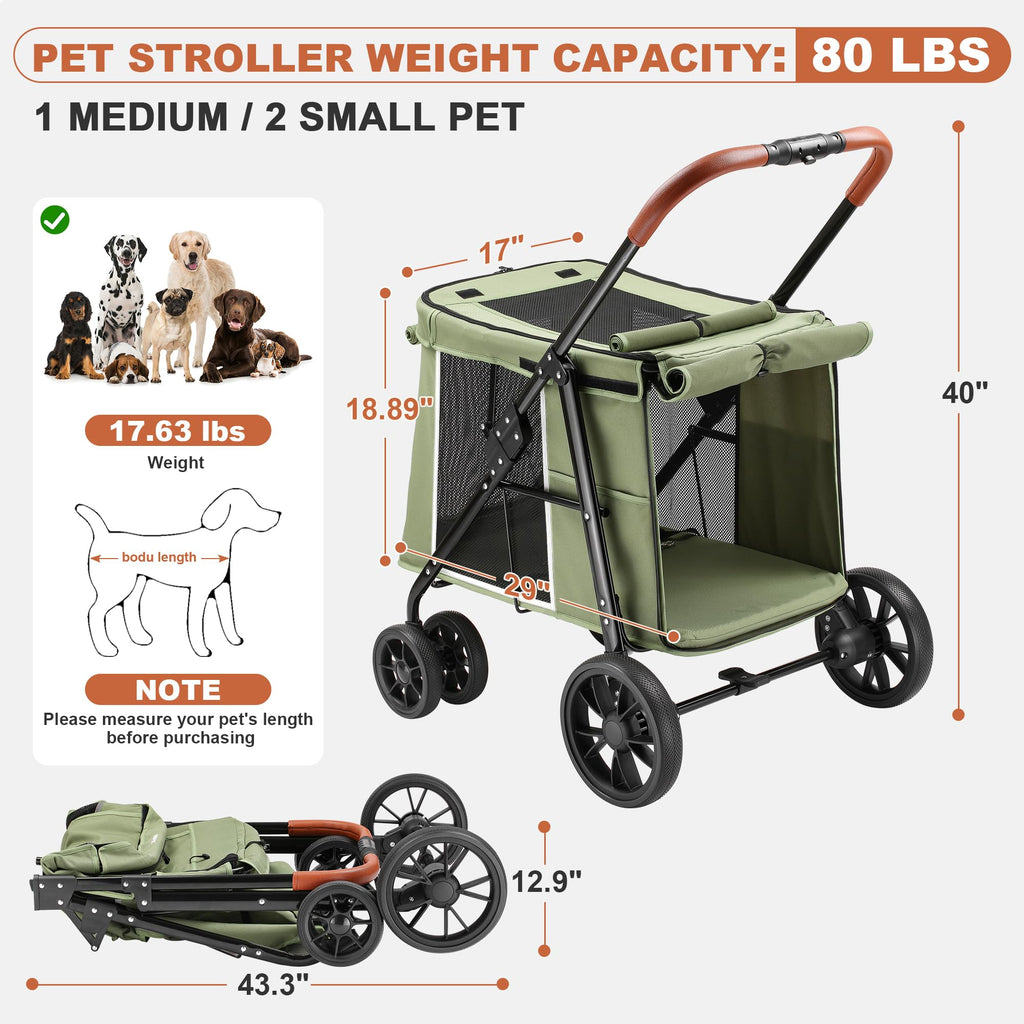 Medium Dog Stroller, One-Touch Folding, 360° Rotating Front Wheels, 80 lbs Weight Capacity, Green W673