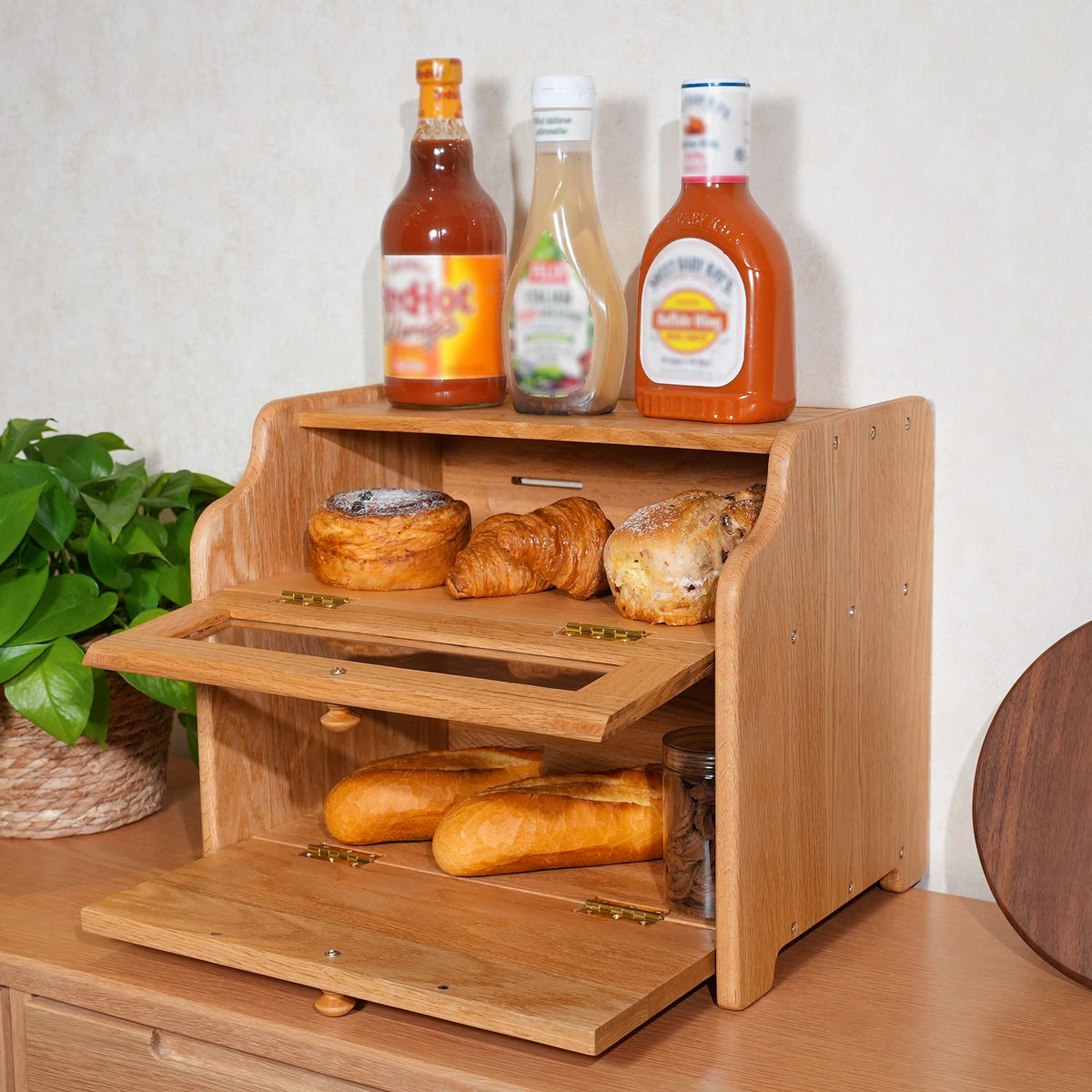 Solid Wood Oak Bread Box with Clear Window Y187881