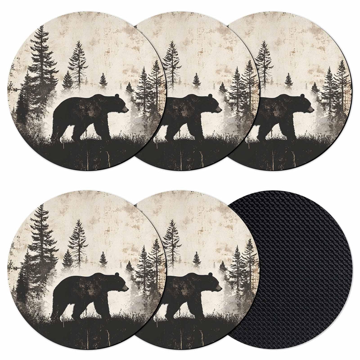 Black Beige Bear Absorbent Coasters Set of 6 P257