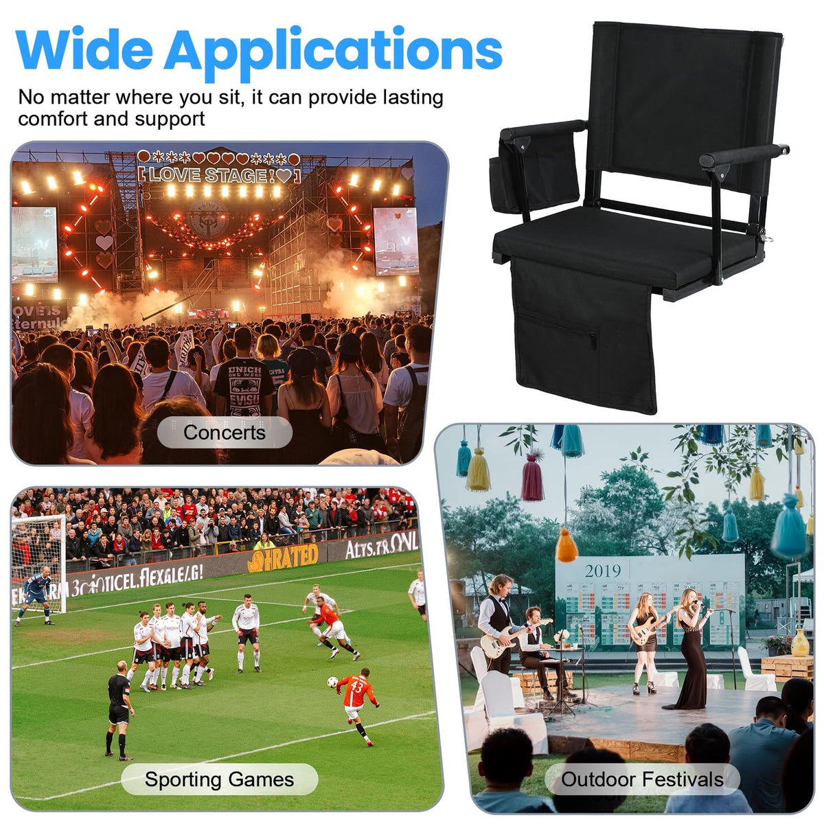 2 Pcs Folding Stadium Seat with Back Support and Cushion W405374