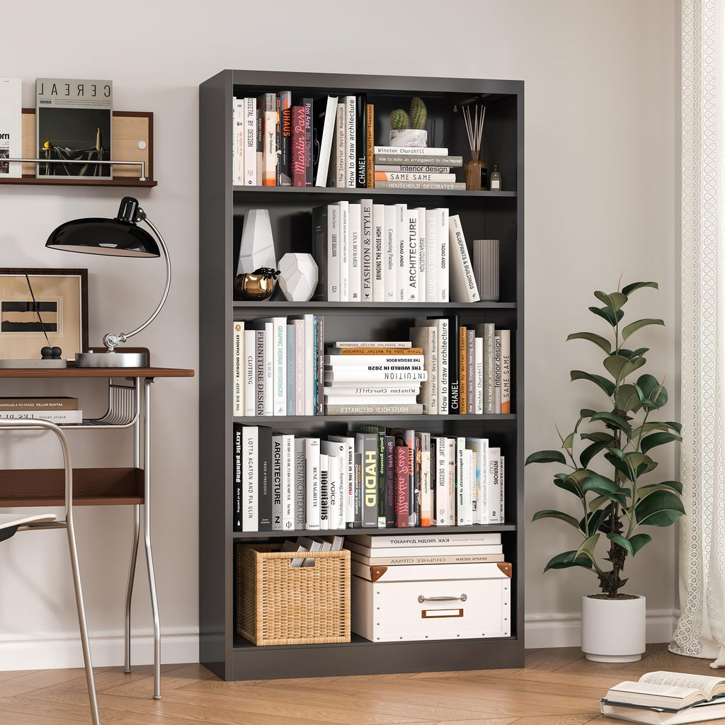 5 Tier Black Metal Bookcase with Adjustable Shelves K83940