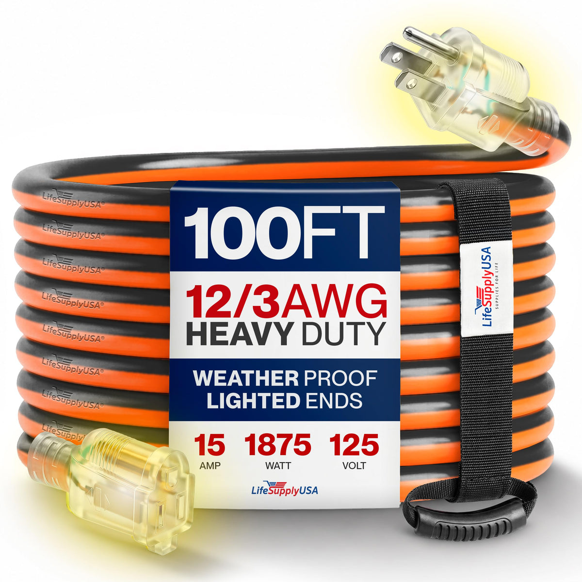 100ft 12/3 Gauge Heavy Duty Extension Cord, Waterproof, 15A 125V, Orange and Black W994