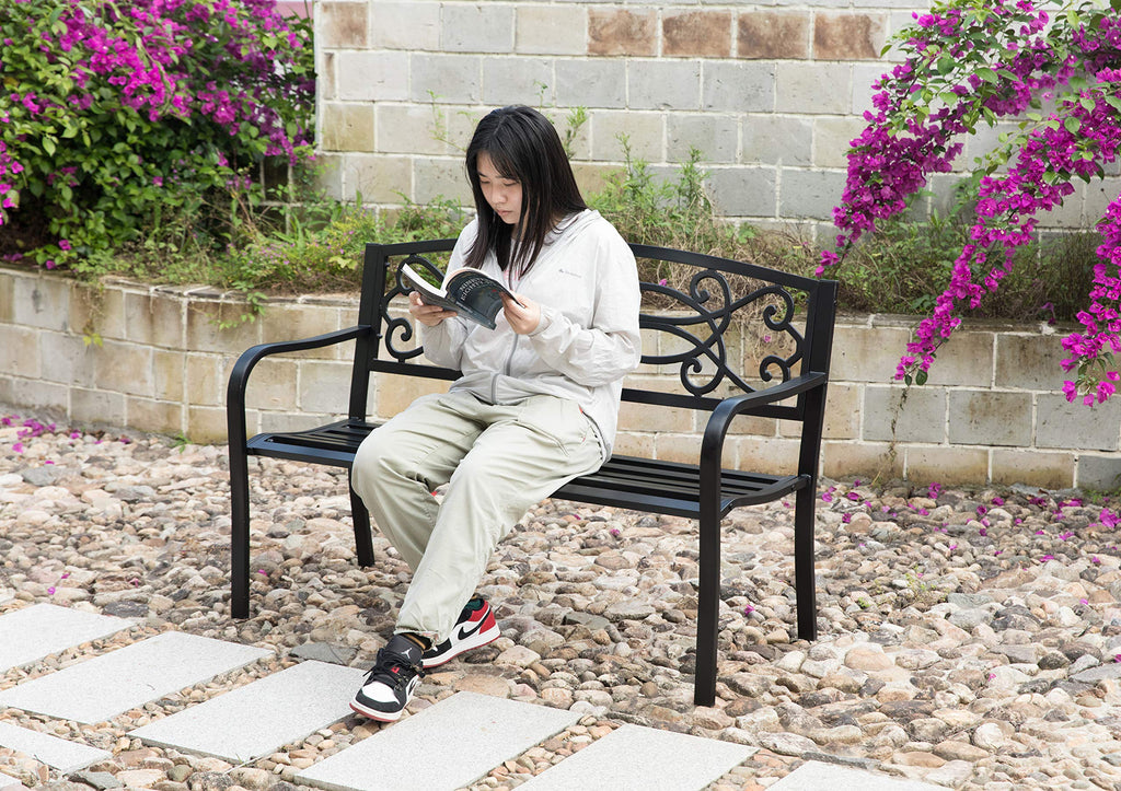 Steel Outdoor Patio Garden Bench with Cast Iron Backrest V6365