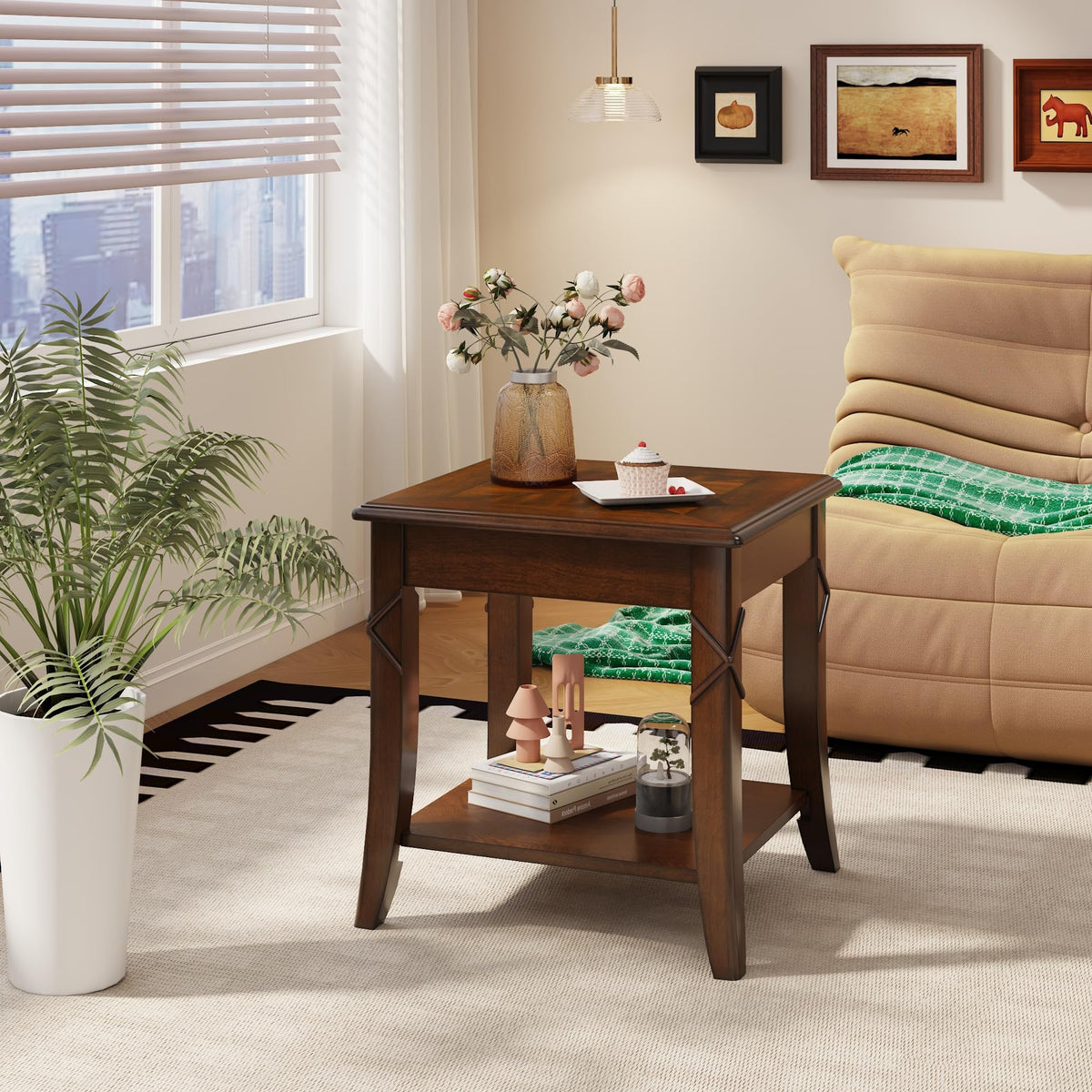 Solid Wood End Table with Storage Shelf X509