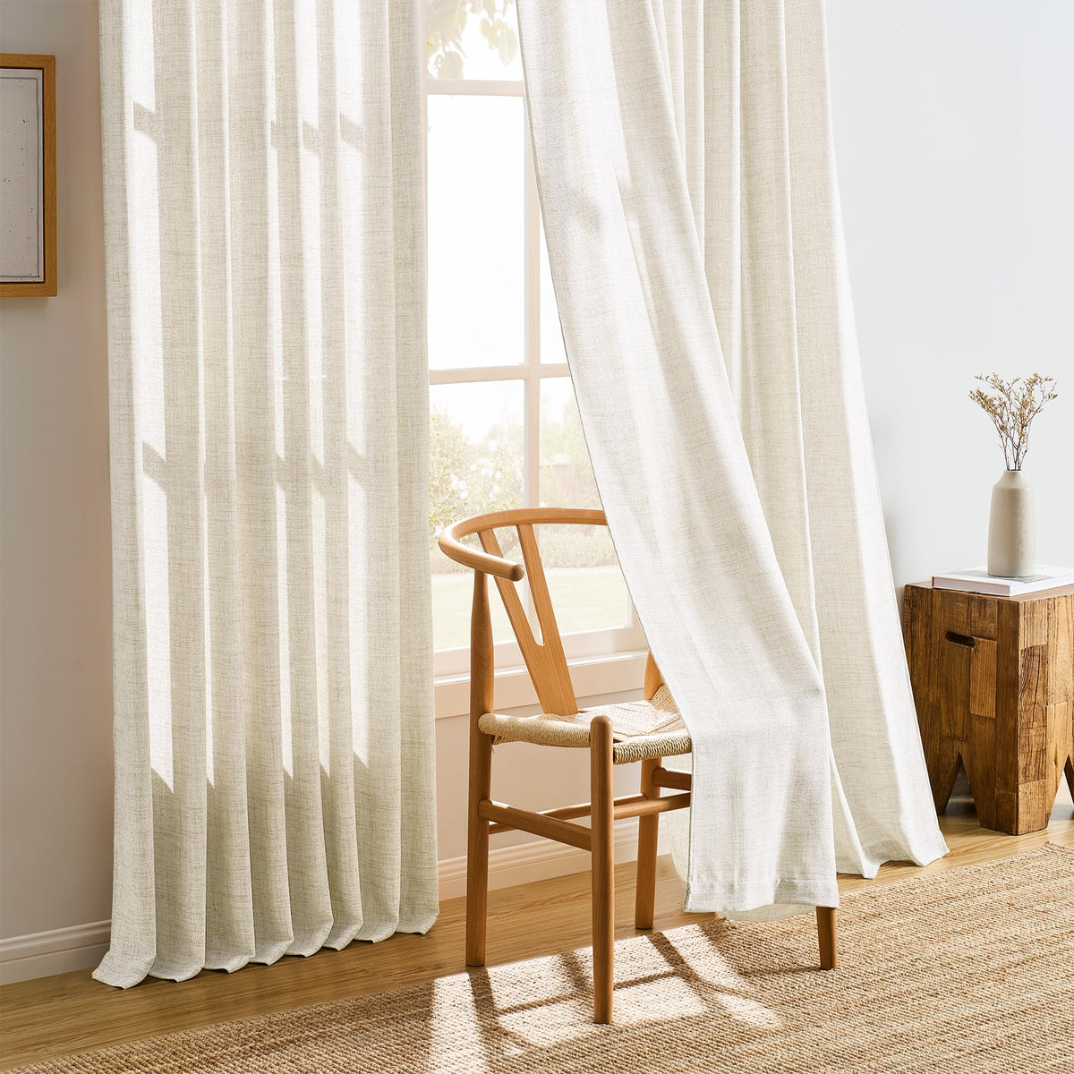 Pinch Pleated Sheer Curtains 140 Inches Long Cream Linen Textured Set of 2 R5760