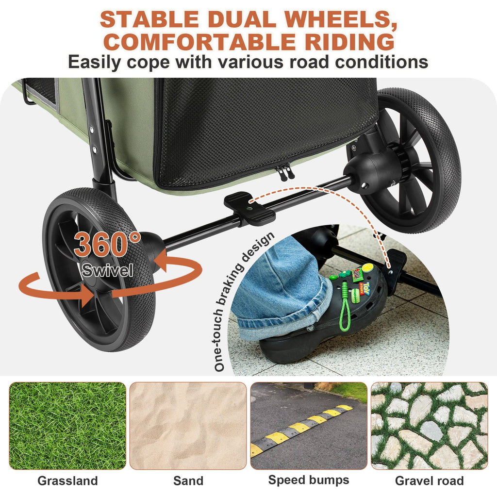 Medium Dog Stroller, One-Touch Folding, 360° Rotating Front Wheels, 80 lbs Weight Capacity, Green W673