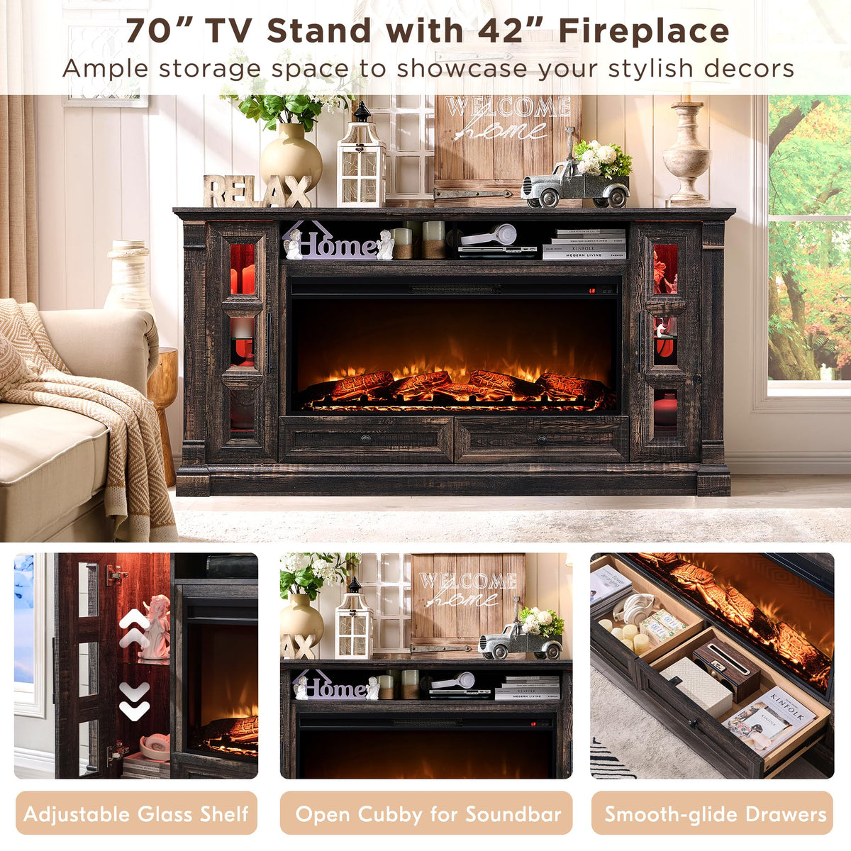 70" TV Stand with Electric Fireplace L7713