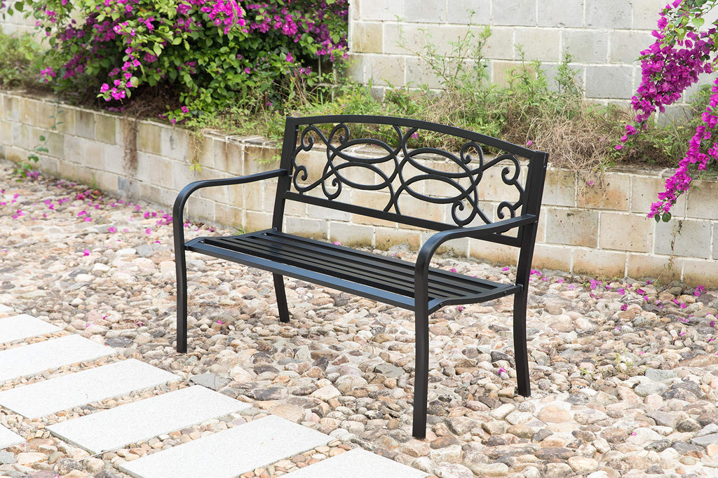 Steel Outdoor Patio Garden Bench with Cast Iron Backrest V6365