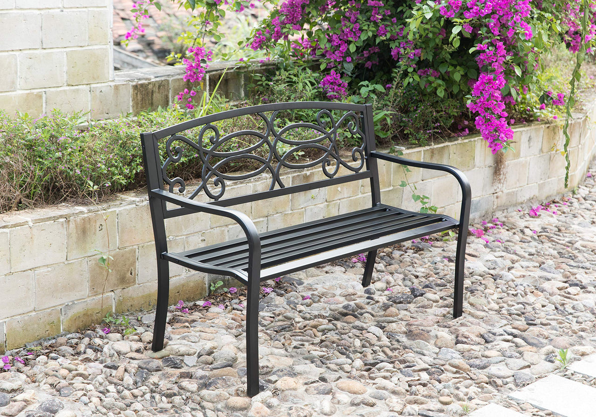 Steel Outdoor Patio Garden Bench with Cast Iron Backrest V6365